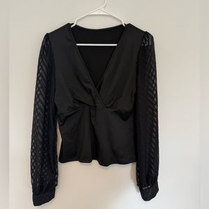 NEW! SHEIN LUNE Women Casual Elegant Contrast Mesh V-Neck Slim Fit Blouse